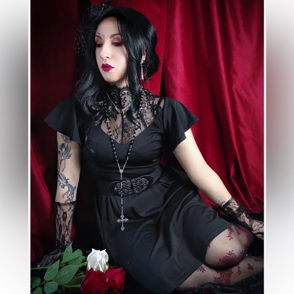 Black Lace-Accent Gothic Fit & Flare Dress